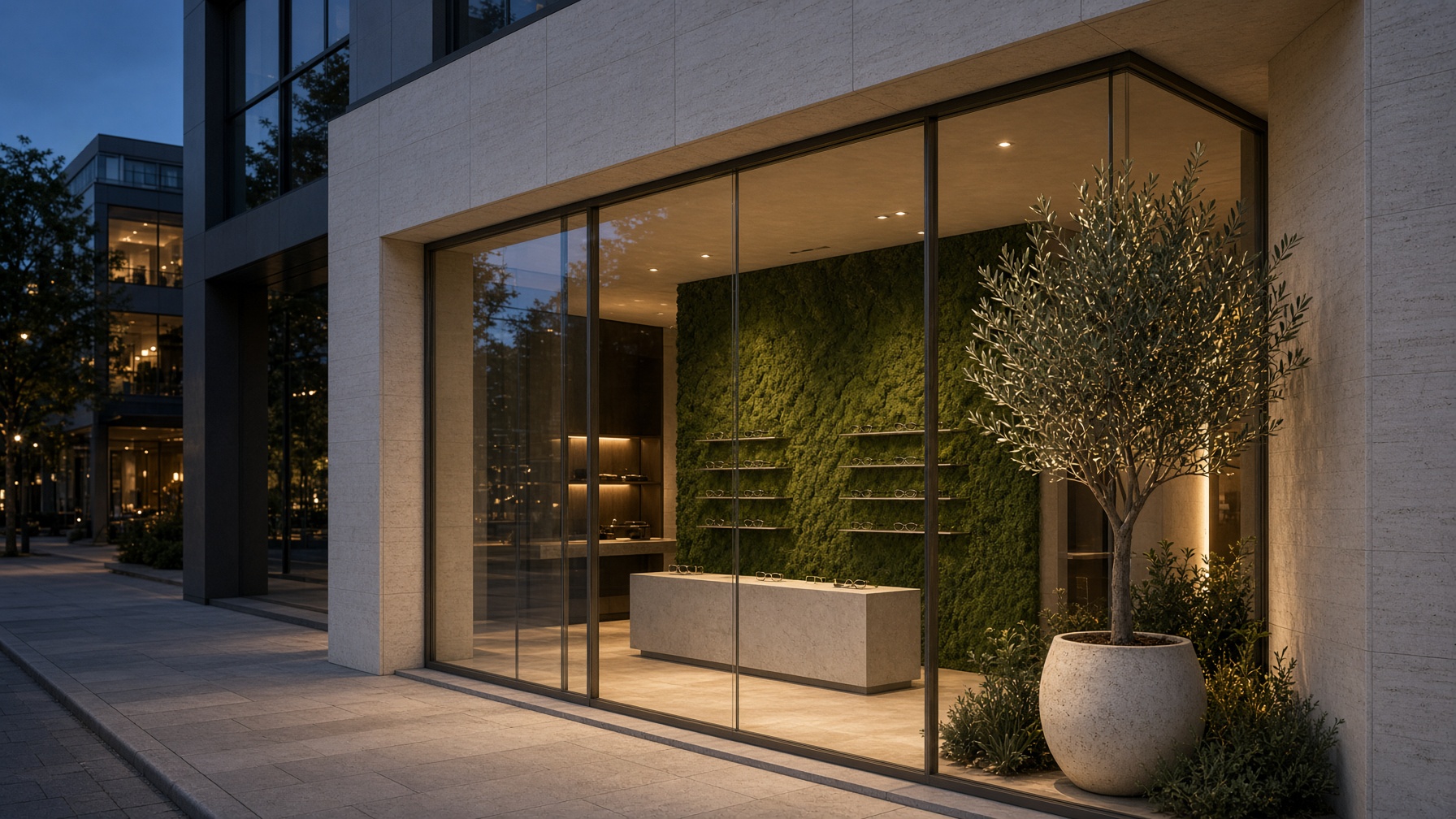 Fachada contemporânea de boutique à noite, com interior iluminado e parede verde.