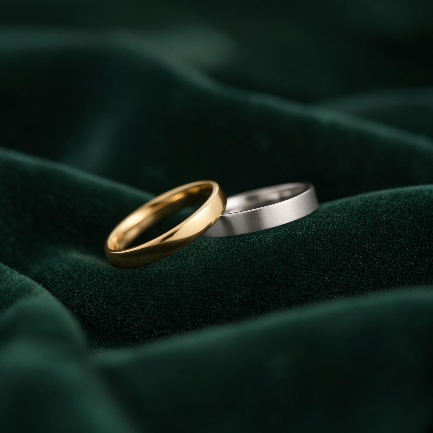 Duas alianças, ouro e platina, sobre veludo verde.